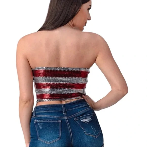 Bear Dance Sequin Strapless Tube Top - Blue, Red & Silver - Picture 2 of 5
